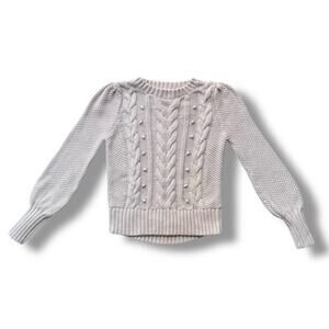 Gap Kids Girls Sweater M 8-9 Beige 100% Cotton Cable Knit Balloon Puff Sleeve